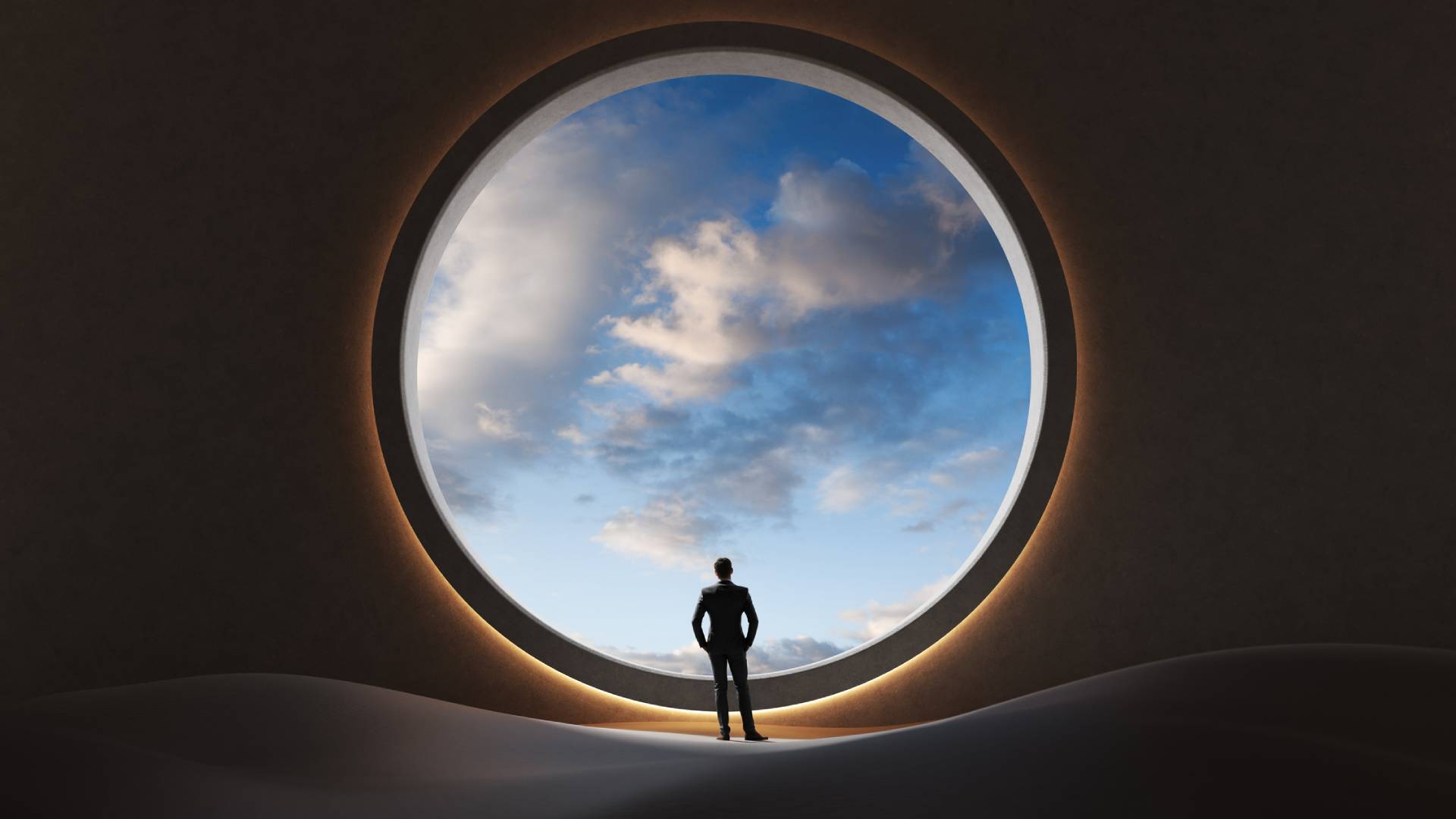 Silhouette by large circular window
